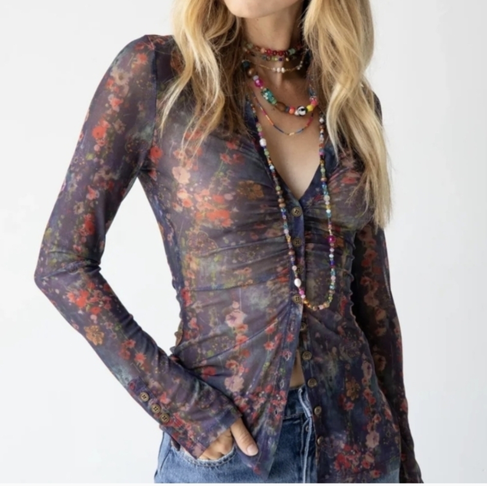 NWT Natural Life Mesh Button Down Top XL Floral Boho Ruched Festival Size XL